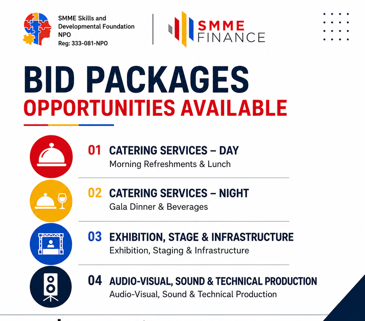 Bid packages for catering, exhibition, staging and technical production