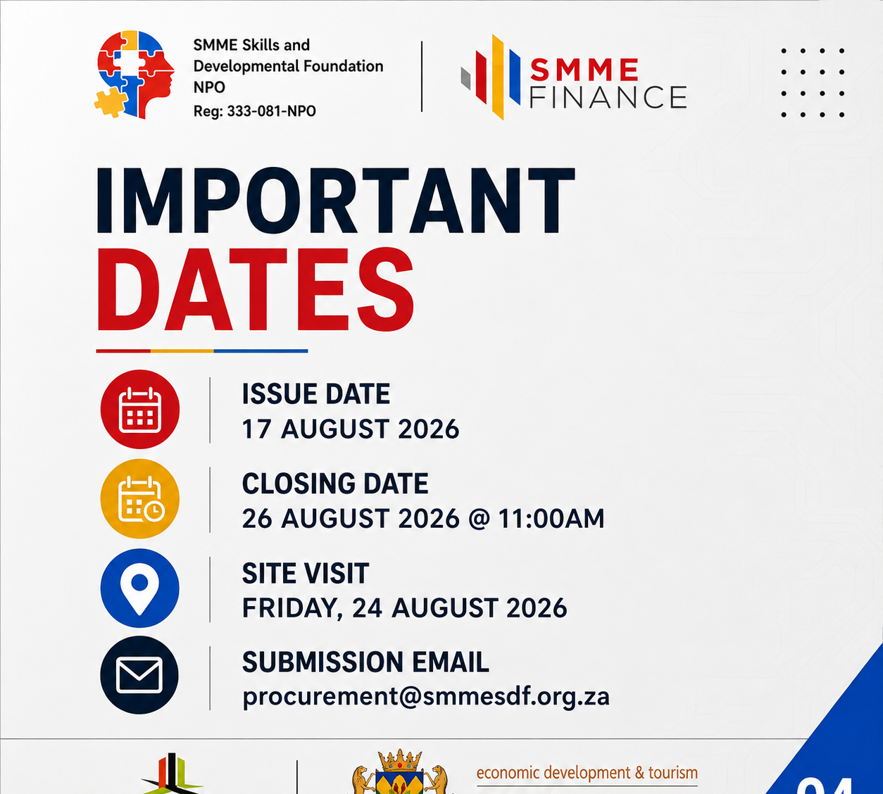 Issue date, closing date, site visit and procurement email for RFQ FS/03/2026