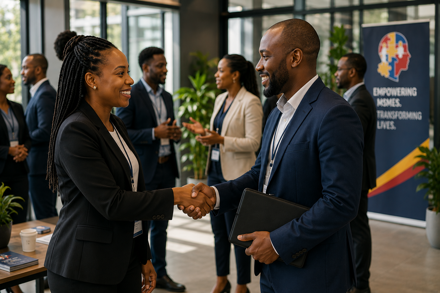 Two business professionals forming a partnership at an enterprise development event